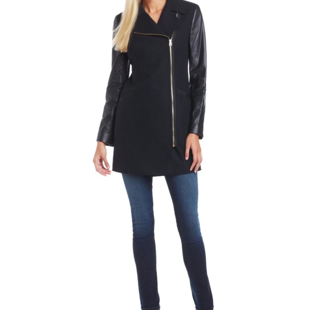 Ted Baker London Black Alycia Leather Sleeve Wool Coat - New Without Tags